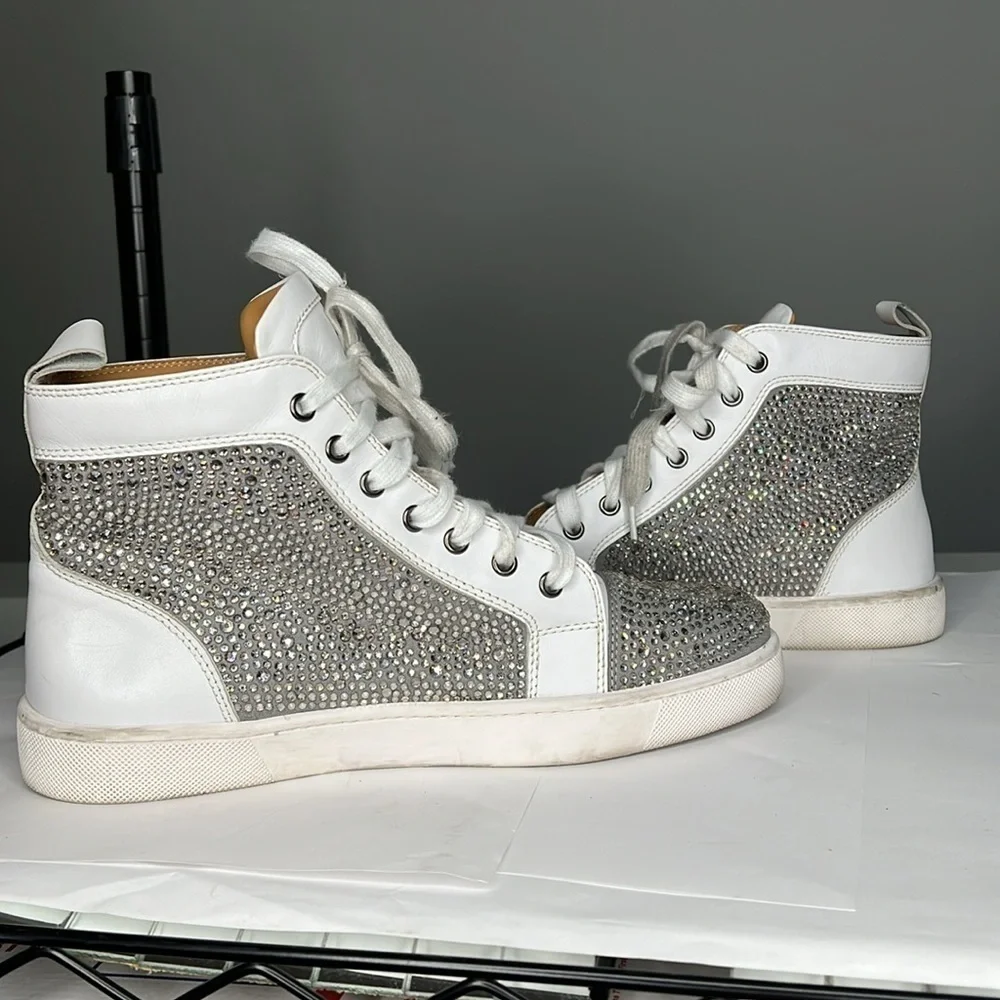 Crystal Rhinestone Sz 10.5 / EU 41 White Leather Hightop Sneakers Red Sole